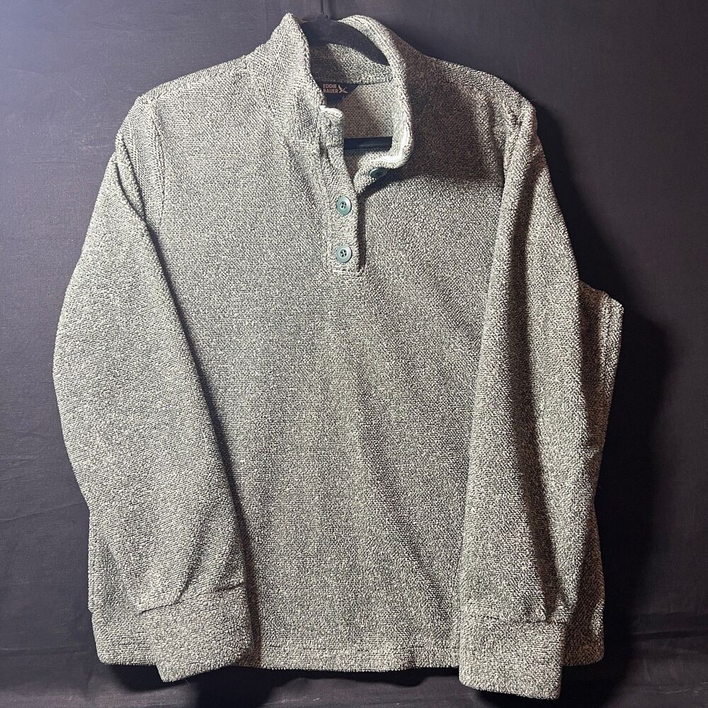 Eddie Bauer Size M Medium Olive Knit Fleece Quarter Button Pullover Sweater